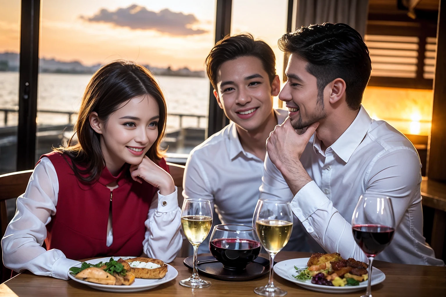((Highest quality、8k、masterpiece:1.3))、 (Genuineistic, Genuine、Bright image、Intricate details:1.2), 最高のsmile、1 male,1 female、Beautiful couple、spouse、fiancee、Good friends、actress couple、smile、Full-course dinner at a packed table、 (Slim face), (the body is slim), (Brown Hair), (short hair), テーブルのwine glass、Please shine a light on my face、 Amazing view of the sunset sky and clouds、 (42 years old)38 years old, red wine 、Appetizers、Wine bottle、sparkling wine、Long sleeve shirt、dress、White wine, red wine, wine glass,