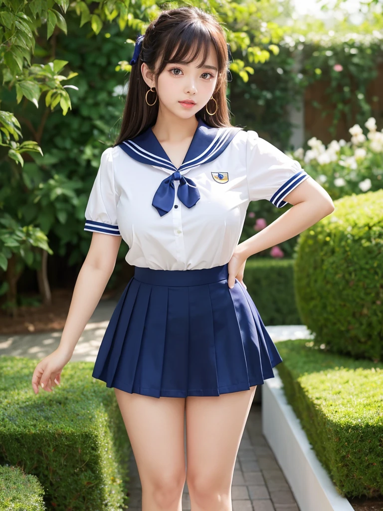 Beautiful woman、cute、Plump body、Big Tits、Earrings、Standing with legs apart、Super mini skirt short sleeve sailor uniform、Ribbon on chest、garden、(Shiny skin:1.3)、From the thigh up