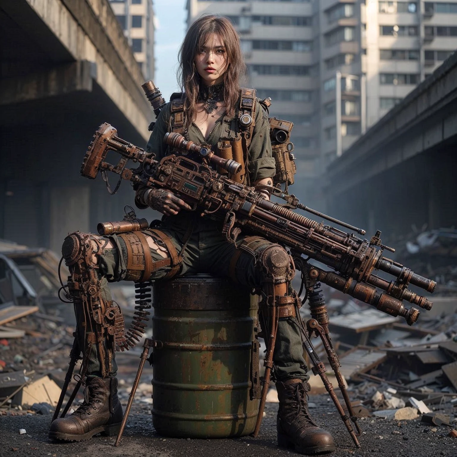 superrealism, ultra high res,8k,(Photorealsitic:1.4), (WWⅡ-like mechanical suit), Collapsed Cities, heavy weapons,vivid textures, beautiful hair, Spaniard female soldier,(ultra beautiful face),legs, ((super realistic all textures)), ((super intricate all details)), full body shot, ultra sharp photo result, beige color, scratch, Rust, weathering, Sweat, move, operational action in progress, steampunk, taken with Fuji film X-T30+Nokton. HDR10,Minimum of 4 pieces created