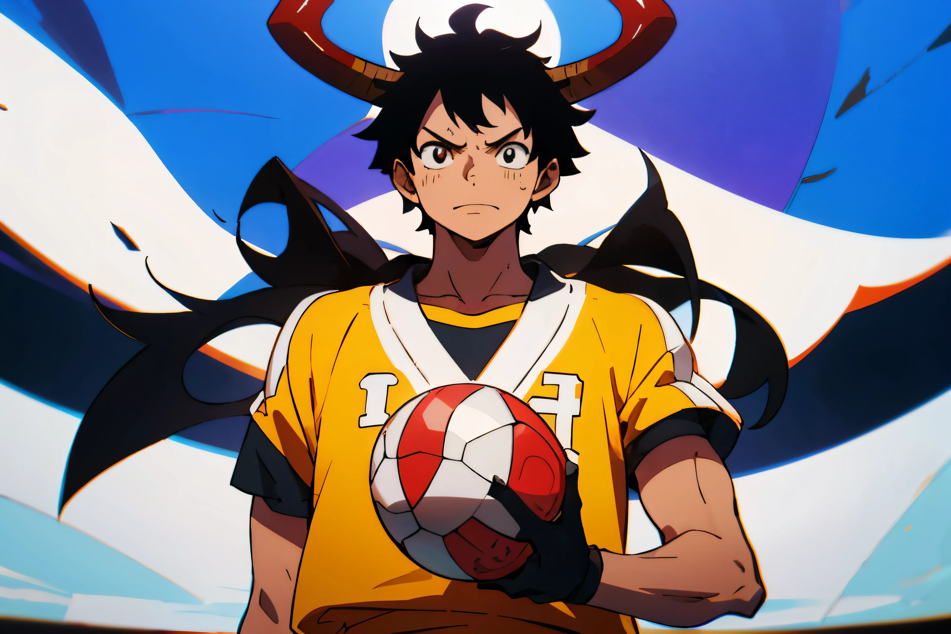 Illustration style,boy,black hair,There are horns on the head,Wearing sportswear,Football in hand,Facing the camera head on,full-body shot,In the center of the picture,Anime style