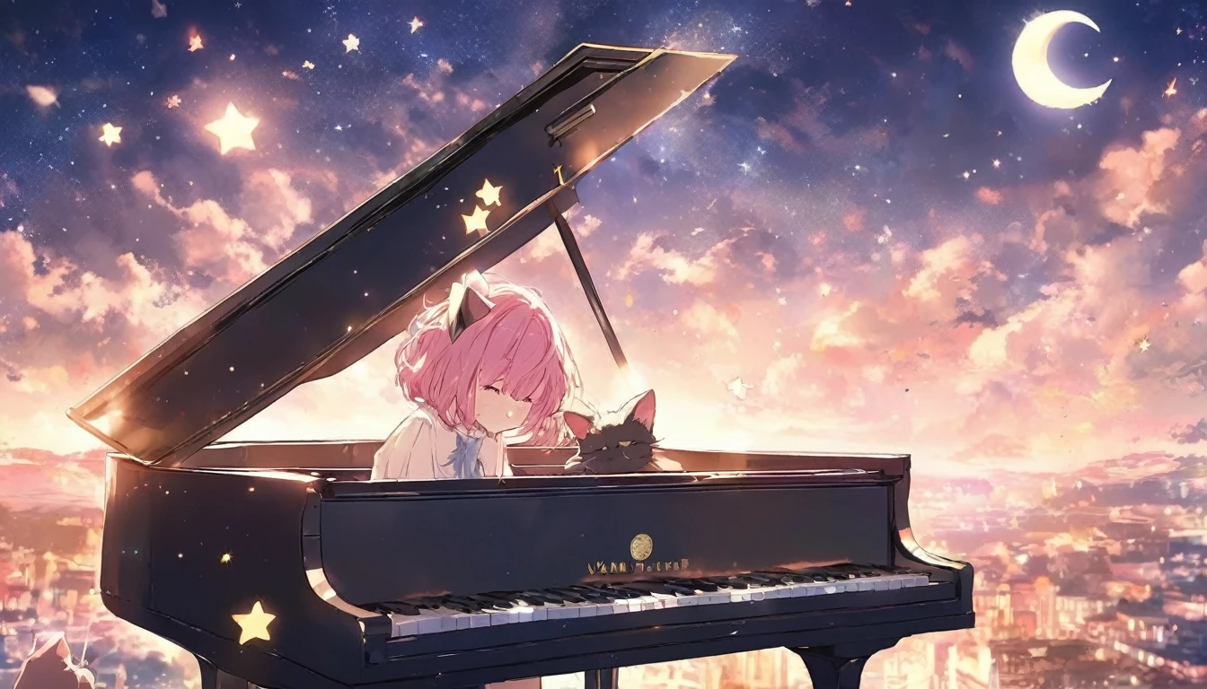 With the moon and stars shining in the sky、Imagine a girl playing the piano by herself.. anime, Pink Hair, Cat ear. That&#39;s her charm.