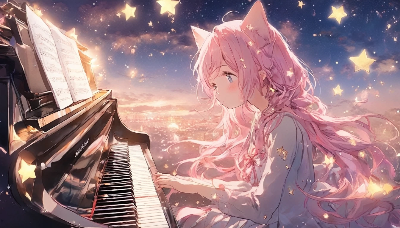 With the moon and stars shining in the sky、Imagine a girl playing the piano by herself.. anime, Pink Hair, Cat ear. That&#39;s her charm.