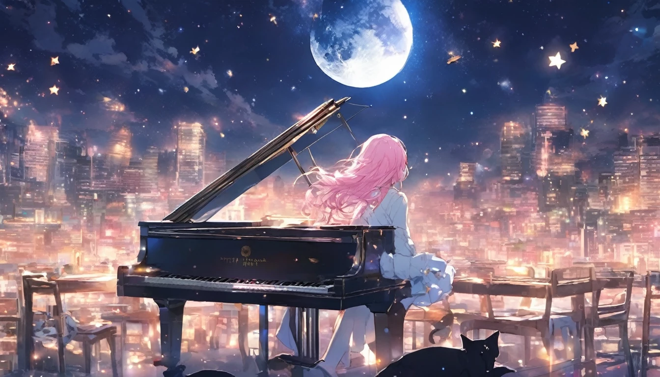 With the moon and stars shining in the sky、Imagine a girl playing the piano by herself.. anime, Pink Hair, Cat ear. That's her charm.