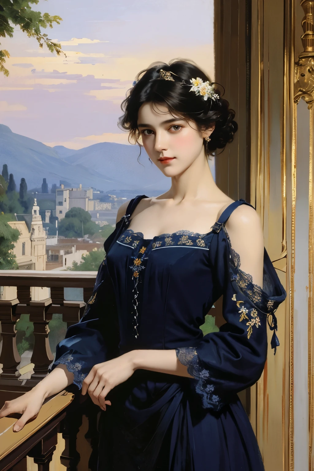 (masterpiece), (highest quality), oil, classical painting, 1 girl, (hole body), standing, portrait, bare shoulders, (beautiful prussian blue evening dress decorated with lace and embroidery :1.2), flowers、(on the balcony), (Sargent oil painting)、(highest quality、masterpiece)、 Realistic， photorealist，solo，beautiful face、lifelike face、black haired、short hair、beautiful hairstyle、 real looking skin、beautiful skin、attractive、Cute blouse、 Upper body，detailed，dark background，Backlight、soft light、Inspired by Edmund Leighton,