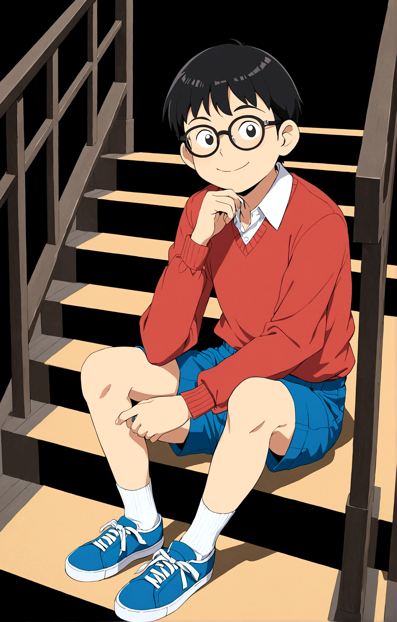 Nobita Nobi,solo, smile, simple background, shirt, black hair, long sleeves, 1boy, sitting, full body, male focus, shoes, glasses, shorts, socks, collared shirt, black background, red shirt, blue shorts, blue footwear, stairs