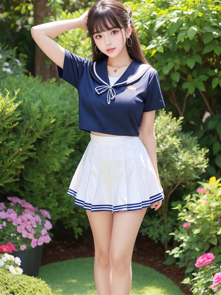 Beautiful woman、cute、Plump body、Big Tits、Earrings、Standing with legs apart、Super mini skirt short sleeve sailor uniform、Ribbon on chest、garden、(Shiny skin:1.3)、From the thigh up