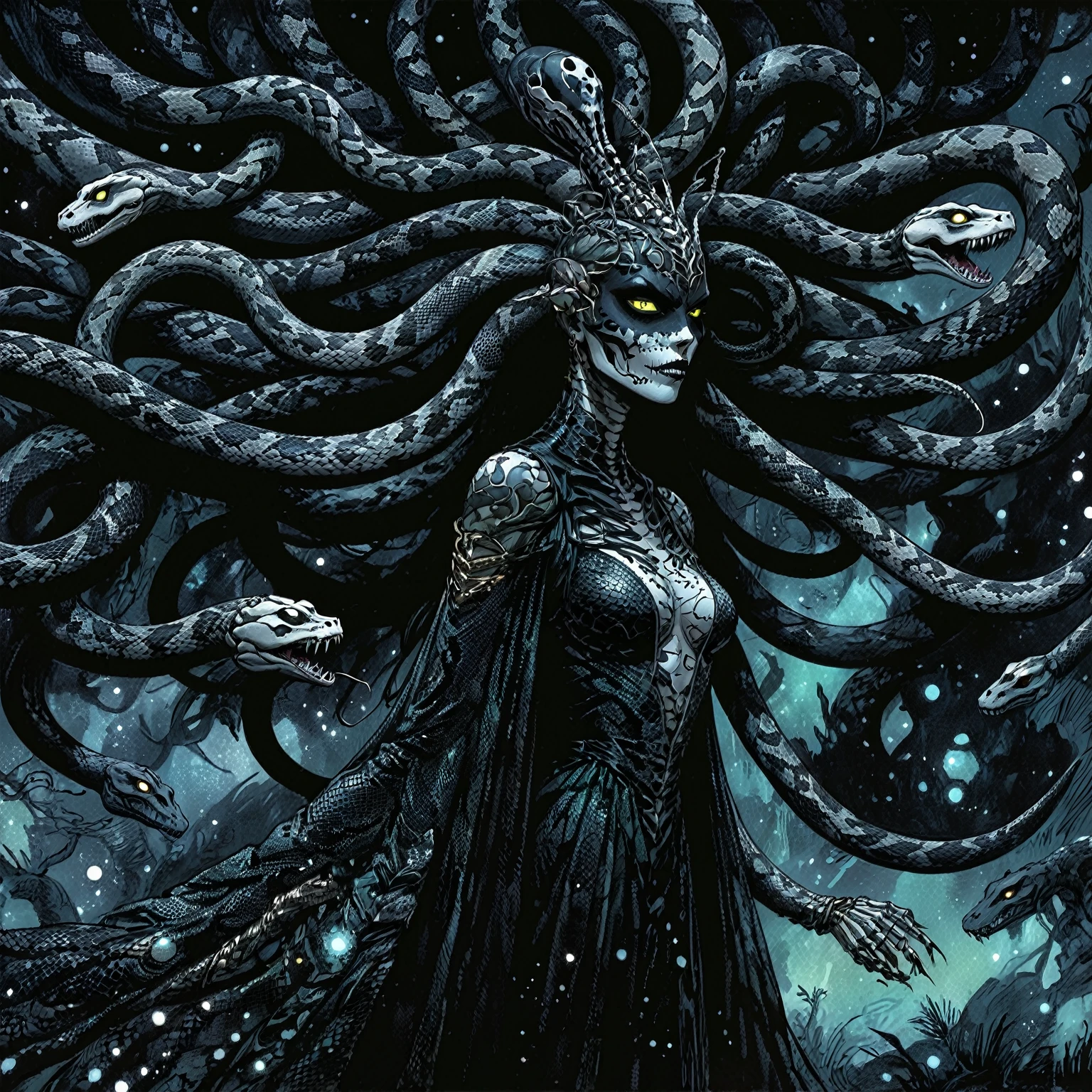 Medusa, wearing snake skin dress cosmic abyss velvet black dress, only light source dazzling glistening reflections of starlight and moonlight off elegant and eloquent dress, unfinished expressive rough-sketch splash page decompressed comic cover art, ink style figure, ((expressive Joelle Jones and "Sean Gordon Murphy" comic drawing)), wordless, cinematic poster, morphology anatomy drawn Frederic Delavier musculature anatomical illustration, (face, ornate blackmetal corpsepaint, resembles Grace Jones), abyss void black no visibility darkness, full length portrait, (background, pine barrens, entropy, rewilding, magic hour sunset, galaxy stars, cosmos), (colors, bleak muted deep fiery radiant glowing ROYGBIV, forest green, earth brown), candid, snake skin dress, (body, Naga, snakefolk, lower body snake tail, snake woman hybrid, bald, hairless, skeleton, snake skin tattoos, piercing eyes, snake pupils, over the shoulder), craftsmanship nuance, (Gerardo Zaffino charcoal), (horror, abstract, surreal, body, cosmic), subliminal orchids, nyctophobia, silhouette, double exposure, image within image,
