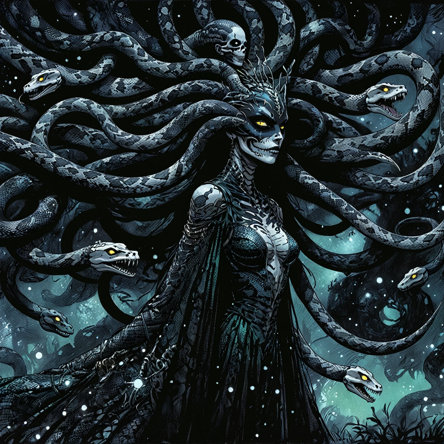 Medusa, wearing snake skin dress cosmic abyss velvet black dress, only light source dazzling glistening reflections of starlight and moonlight off elegant and eloquent dress, unfinished expressive rough-sketch splash page decompressed comic cover art, ink style figure, ((expressive Joelle Jones and "Sean Gordon Murphy" comic drawing)), wordless, cinematic poster, morphology anatomy drawn Frederic Delavier musculature anatomical illustration, (face, ornate blackmetal corpsepaint, resembles Grace Jones), abyss void black no visibility darkness, full length portrait, (background, pine barrens, entropy, rewilding, magic hour sunset, galaxy stars, cosmos), (colors, bleak muted deep fiery radiant glowing ROYGBIV, forest green, earth brown), candid, snake skin dress, (body, Naga, snakefolk, lower body snake tail, snake woman hybrid, bald, hairless, skeleton, snake skin tattoos, piercing eyes, snake pupils, over the shoulder), craftsmanship nuance, (Gerardo Zaffino charcoal), (horror, abstract, surreal, body, cosmic), subliminal orchids, nyctophobia, silhouette, double exposure, image within image,
