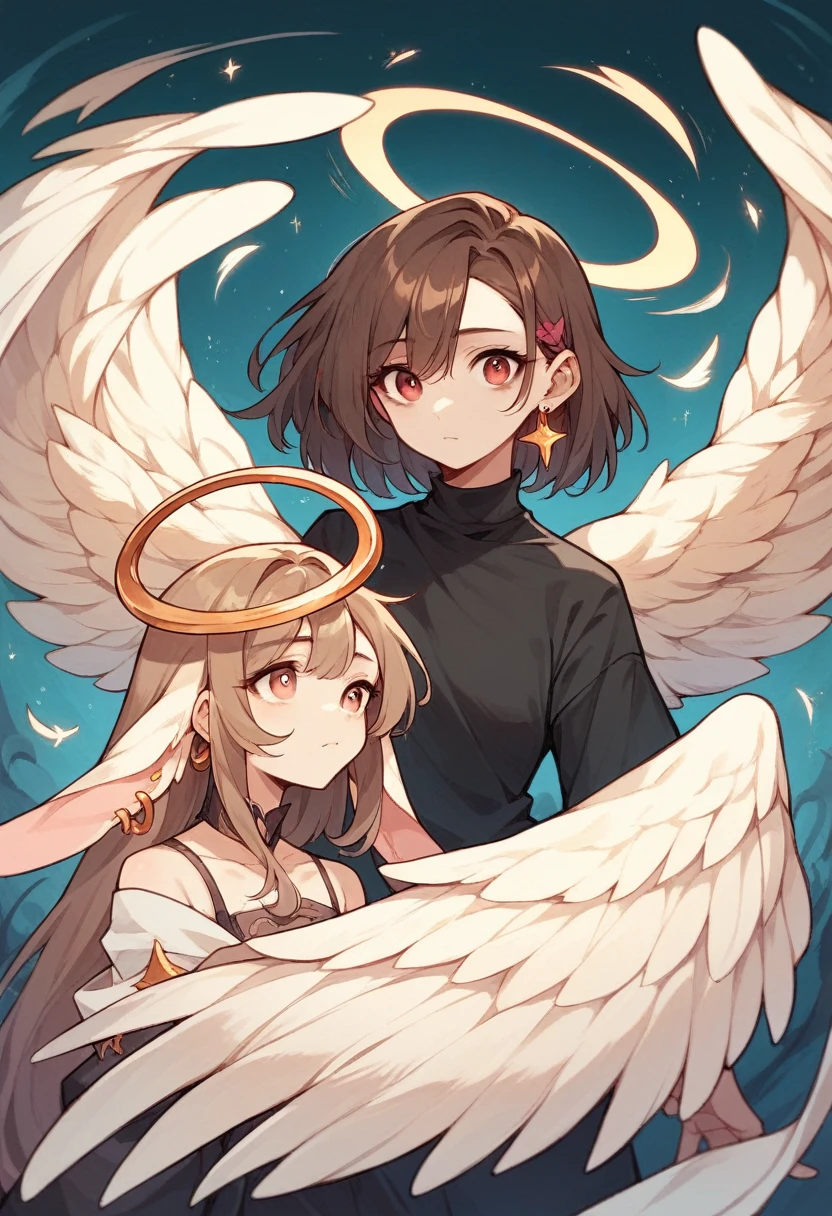 girl, witch, long ears, dark brown hair with a white stroke, two metal earring on the left ear, blue coloured low hair, light skin, black shirt without sleeves, golden coloured angel wings, brown right eye, red/pink left eye