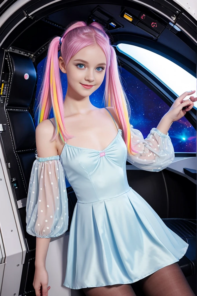 cute 19-year-old neon haired woman, pale white skin, happy, smiling, in twin tails, perfect blue eyes, pale goth skin, silky smooth skin, flying a fancy metal luxurious space ship, futuristic cockpit, she's a pilot, outer space seen in windows, dark warm lighting, wearing a futuristic dress, pleated (chemise) mini dress (pastel rainbow colors, and polka dots), puffy sleeves low cut top, silk, ((pantyhose under dress)), tights, cute short cut booties, boots.