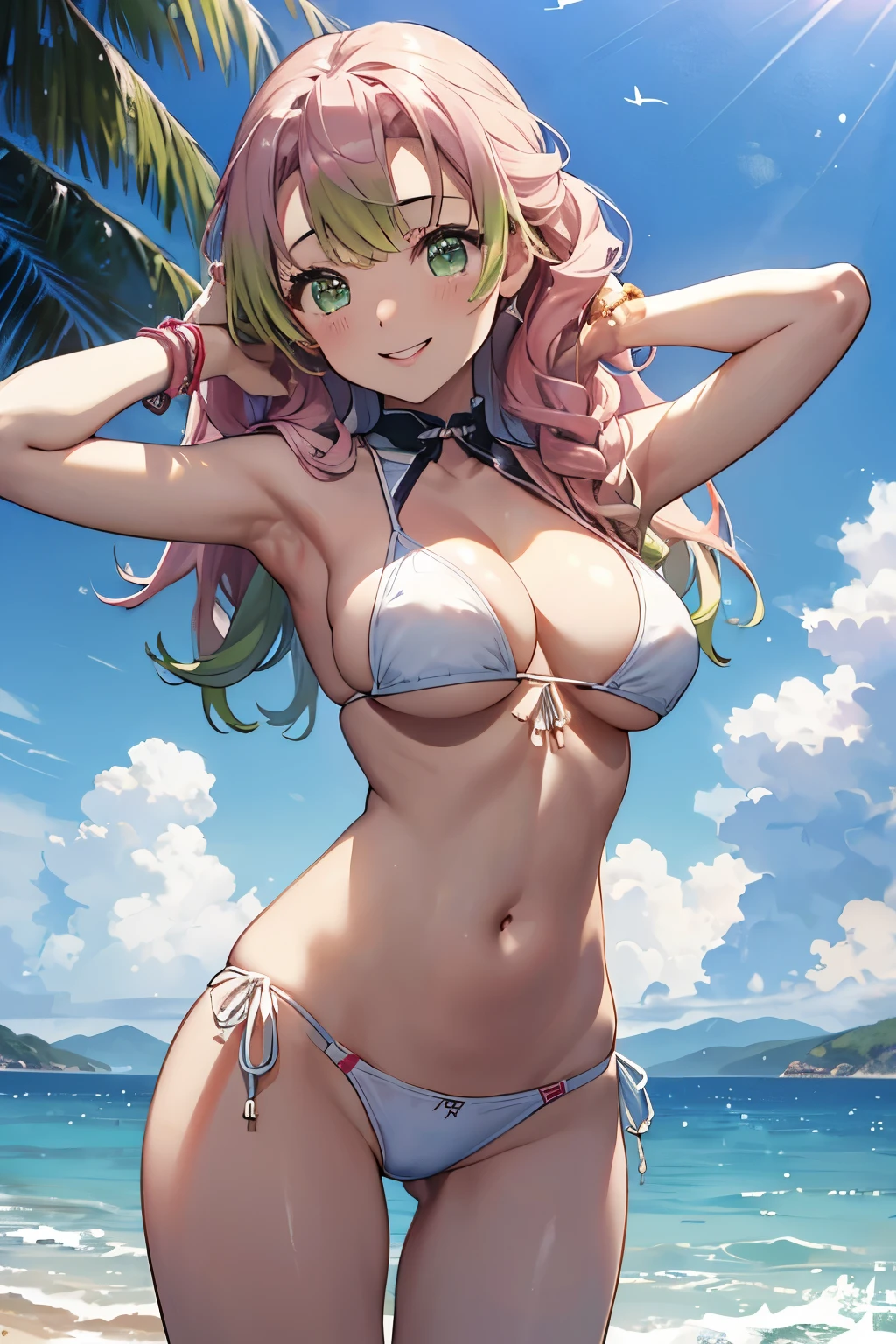 (8K、masterpiece、Highly detailed background、high resolution)、(mitsuri kanroji)、Cleavage、(beach、White Bikini、Swim ring、Gravure pose、Embarrassed smile、Nipple protrusion)