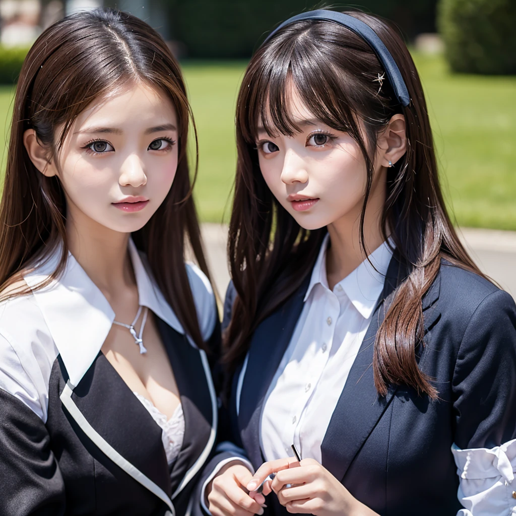 Two girls standing in an old Japanese schoolyard,White sailor shirt with bow tie,Indigo Hakamashita,A small dark red ribbon in her hair,18-year-old,bangs,Smile a little,Low Ponytail,Angle from directly below,Big Breasts,(Holding a condom:1.2),whole body