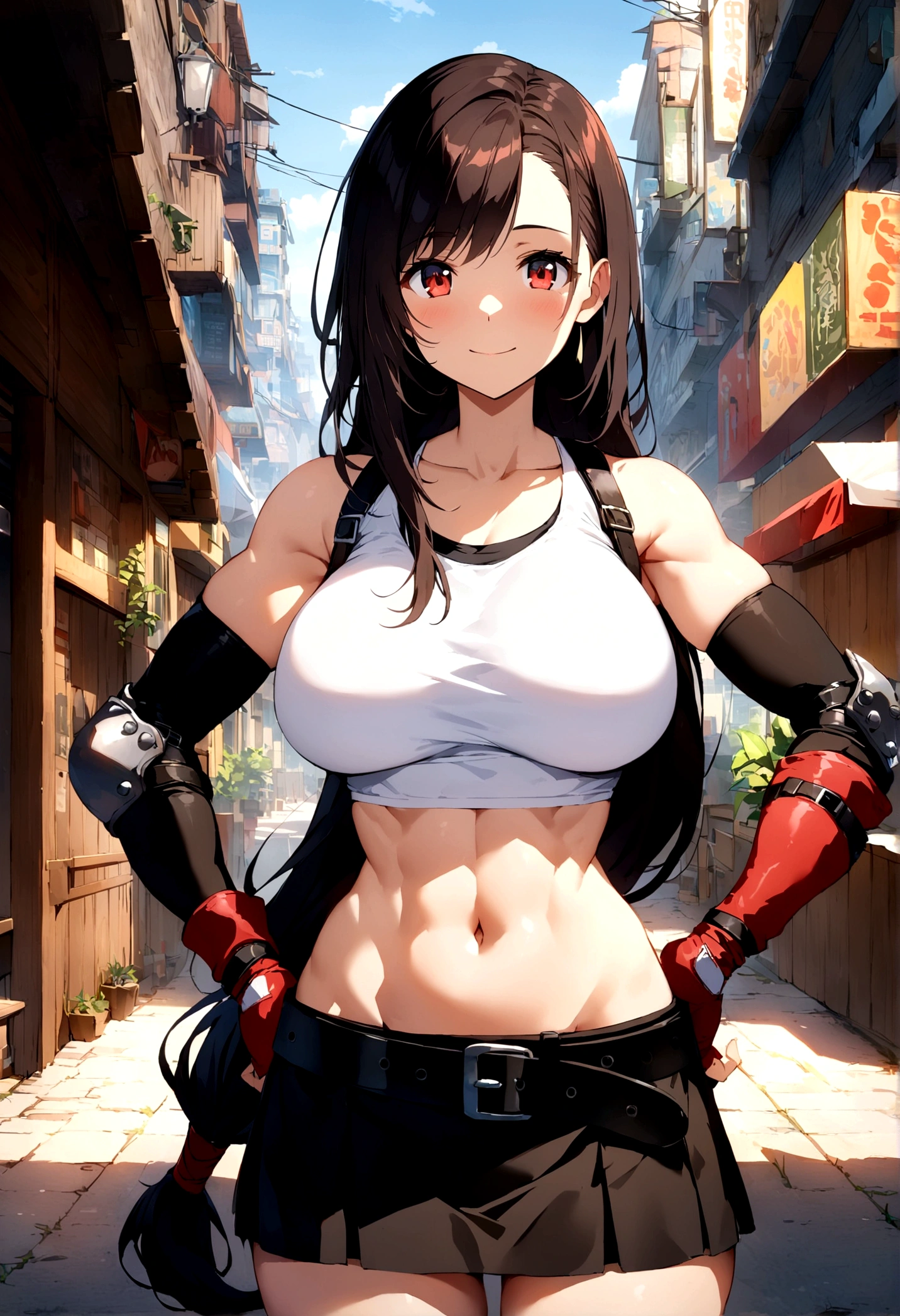 score_9, score_8_up, score_7_up,score_6, score_5,4k,BREAK , (from front:),breast focus,standing,straight-on,,(upperbody),looking_at_viewer ,1girl, tifa lockhart, final fantasy, tareme,black hair, low-tied long hair, red eyes, bangs, white tank top, belt, pleated skirt, thighhighs, elbow fingerless gloves, elbow pads, midriff, navel,suspender skirt ,large_breasts,(light smile),Curvy waist,gands on hips,Solo,,(daytime and beachside and city),Toned,detailed skin,(best quality),aesthetic,very aesthetic,UHD,HDR,intricate detailed,anime,highly detailed,sharp focus,depth of field,,professional lighting,cinematic lighting,  　　　　　　　　　　　　　　　　　　　　　　　　　　　　　　　　　
