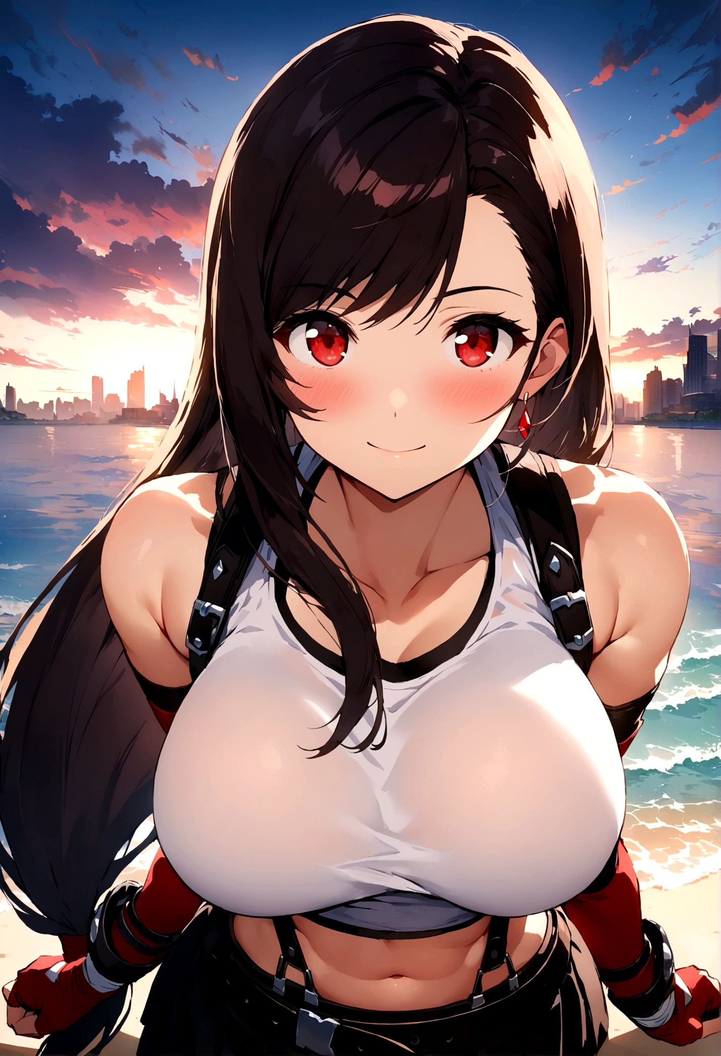 score_9, score_8_up, score_7_up,score_6, score_5,4k,BREAK , (from front:),breast focus,standing,straight-on,,(upperbody),looking_at_viewer ,1girl, tifa lockhart, final fantasy, tareme,black hair, low-tied long hair, red eyes, bangs, white tank top, belt, pleated skirt, thighhighs, elbow fingerless gloves, elbow pads, midriff, navel,suspender skirt ,large_breasts,(light smile),Curvy waist,gands on hips,Solo,,(daytime and beachside and city),Toned,detailed skin,(best quality),aesthetic,very aesthetic,UHD,HDR,intricate detailed,anime,highly detailed,sharp focus,depth of field,,professional lighting,cinematic lighting,