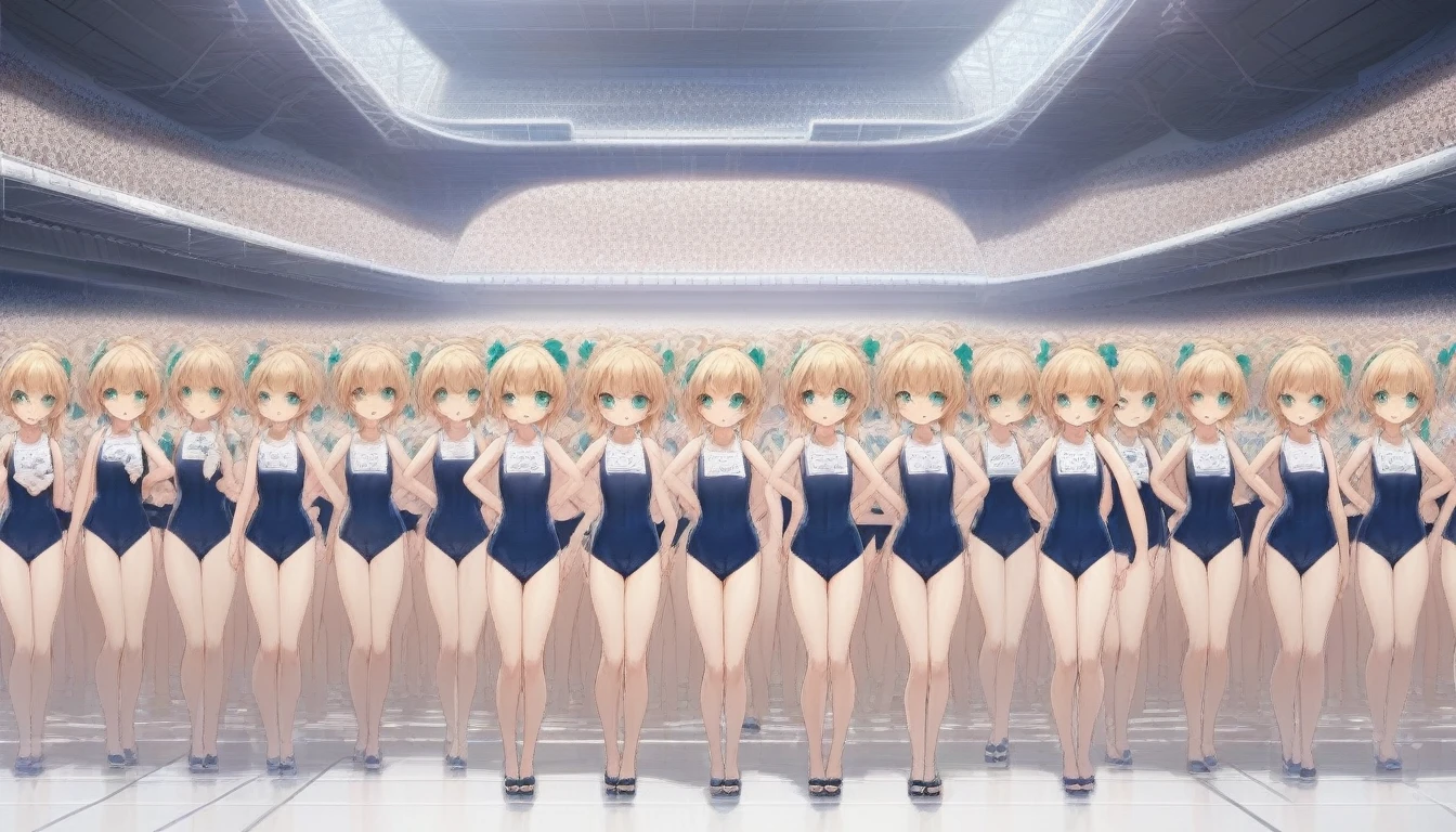 Short stature,flat chest, clone girls, blond hair, green eyes,swimsuit roll(mega man x dive old design) clones,high ponytail hair,Sleeveless navy one piece school swimsuit with white stripes from armpit to flank,white name tag, navy heeled sandals, green ribbon,human appearance,same height,same appearance, same face,fill the entire image, absolutely everyone, many clone, masterpiece, best quality,insanely detailed, 20000+ clone girls, perfect features,multiple clone girls,same school swimsuit,same hair