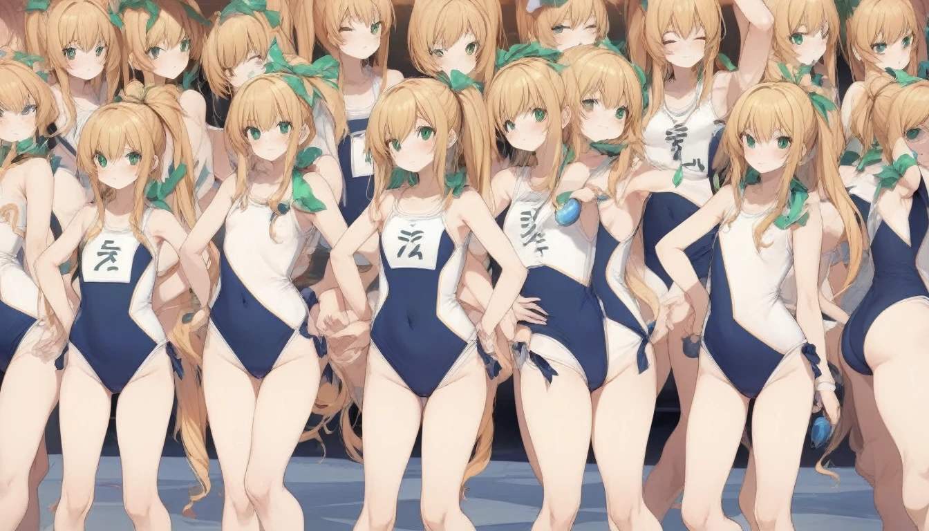 Short stature,flat chest,clone girls,extremely number of clone girls, blond hair, green eyes,roll(mega man classic),swimsuit roll(mega man x dive old design),high ponytail hair,Sleeveless navy one piece old type school swimsuit with white stripes from armpit to flank,white name tag, navy heeled sandals, green ribbon,human appearance,same height,same appearance, same face,fill the entire image, absolutely everyone, many clone, masterpiece, best quality,insanely detailed, 20000+ clone girls, perfect features,multiple clone girls,same school swimsuit,same hair,official art,girls only,extremely full of extremely crammed,huge crowd,densely packed