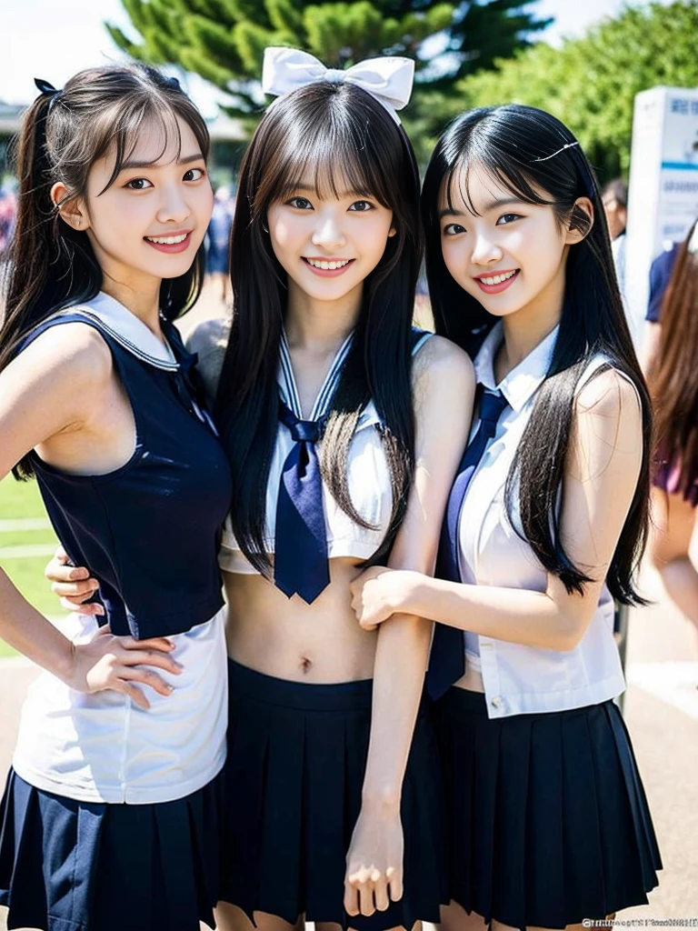 (A trio of super cute Korean high school girls take a photo together 1.2)(grin,Smile)(Beautiful Sweat:1.1)(16k, RAW Photos, Highest quality, masterpiece: 1.2),(Cute hairstyle with shiny black hair) Super detailed, Super Resolution, (Genuine, Genuine photos: 1.37), Portraiture, High-resolution RAW color photos, Professional photos, Very detailed, 8k wallpaper, Very detailed CG Unity 8k wallpaper, Very detailed beautiful girls, Very detailed faces, ((whole body)), beautiful woman, Huge breasts,(huge boobs:1.1) (Big Boobs:1.1), Beauty college student (A tight, girly, navy sleeveless  with ribbon.),high school girl, Korean Girls,(K-POP Female Idols), (Idol-class beauty)(Beautiful high school girl:1.1)(hostel)(16 years old)(Stylish school uniform-style outfit:1.1)(Group photo of the school trip:1.3)NSFW