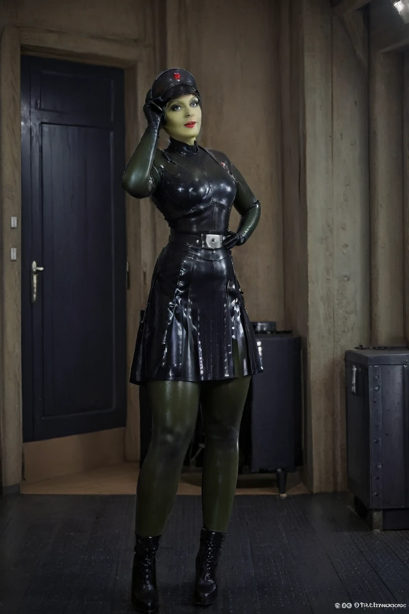 cinematic film still hera syndulla, (green skin:1.2), grin at canal, full body imperail officer wearing a black uniform with a skirt, sitting on a bed, highly detailed, high budget Hollywood movie
