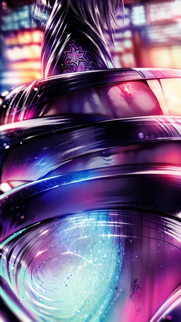 Highest quality,Highest Resolution,4K quality,Rainbow city night view outside large window in modern bedroom((Rainbow colors))の下着着用のsmileの女性の横顔,Jet black ponytail,Dark room,((Rainbow colors))Sexy lingerie,Many water drops on the window,garter belt,High leg,Rainbow colorsの下着,Knee-high stockings,smile,Landscape,Colorful eyeballs,Small bra,