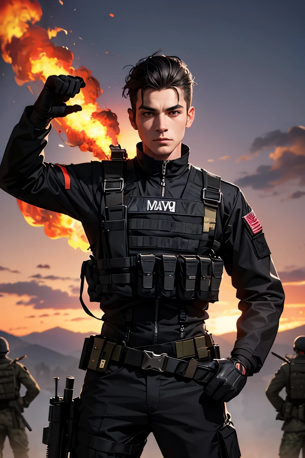 Terrible soldier wearing black and red tactical clothing, bravo e habilidoso, he is the best, destruction in the background, he points his guns at the camera