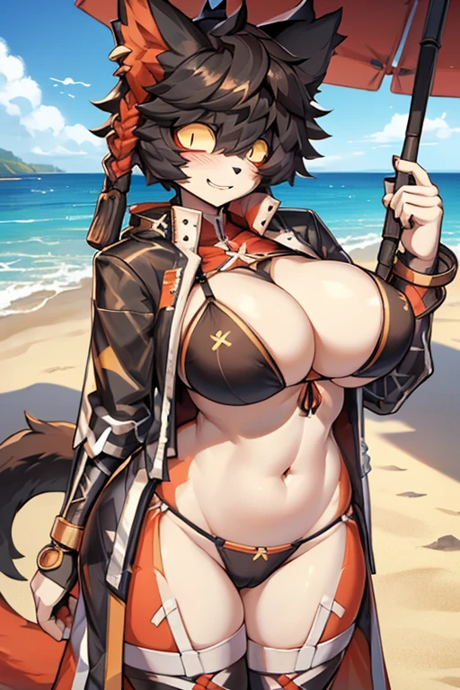 ((best quality, masterpiece, perfect anatomy, detailed picture)), furry, 1female, Aak, (Arknights), sexy body, breasts, black sclera, cat tail, undersized or no bikini, red blushing, shy, in the beach, massive breasts and hips and butt