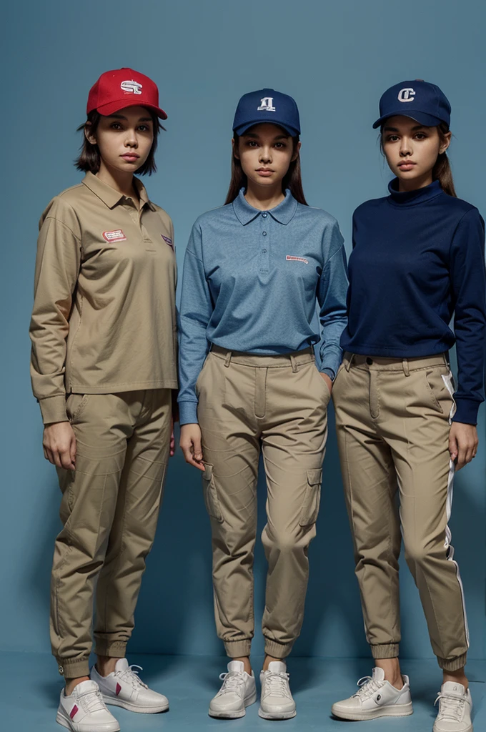 AI character about a team consist of 3 female,
wear a cap,blue collared long sleeve shirt,khaki pants,a pair of sneaker,their arms cross,red background