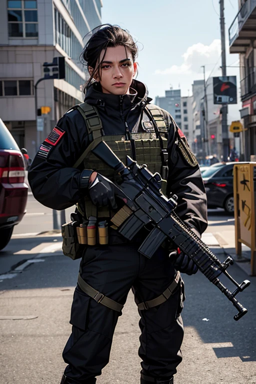Terrible soldier wearing black and red tactical clothing, bravo e habilidoso, he is the best, destruction in the background, he points his guns at the camera 
