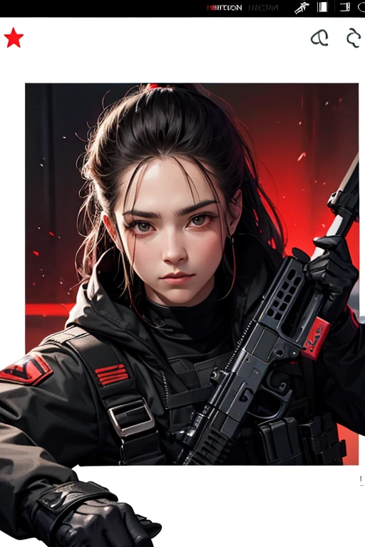 Terrible soldier wearing black and red tactical clothing, bravo e habilidoso, he is the best, destruction in the background, he points his guns at the camera