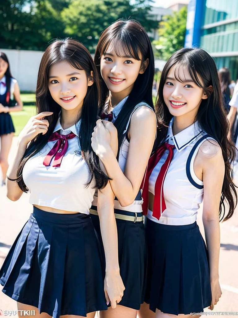 (A trio of super cute Korean high school girls take a photo together 1.2)(grin,Smile)(Beautiful Sweat:1.1)(16k, RAW Photos, Highest quality, masterpiece: 1.2),(Cute hairstyle with shiny black hair) Super detailed, Super Resolution, (Genuine, Genuine photos: 1.37), Portraiture, High-resolution RAW color photos, Professional photos, Very detailed, 8k wallpaper, Very detailed CG Unity 8k wallpaper, Very detailed beautiful girls, Very detailed faces, ((whole body)), beautiful woman, Huge breasts,(huge boobs:1.1) (Big Boobs:1.1), Beauty college student (A tight, girly, navy sleeveless  with ribbon.),high school girl, Korean Girls,(K-POP Female Idols), (Idol-class beauty)(Beautiful high school girl:1.1)(hostel)(************)(Stylish school uniform-style outfit:1.1)(Group photo of the school trip:1.3)NSFW