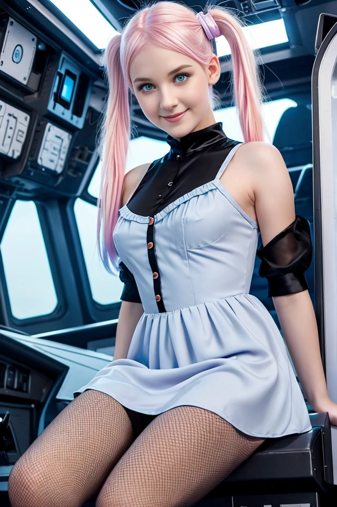 cute 19-year-old neon haired woman, pale white skin, happy, smiling, in twin tails, perfect blue eyes, pale goth skin, silky smooth skin, flying a fancy metal luxurious space ship, futuristic cockpit, she's a pilot, outer space seen in windows, dark warm lighting, wearing a futuristic dress, pleated (chemise) mini dress (pastel rainbow colors, and polka dots), puffy sleeves low cut top, silk, ((black pantyhose under dress)), tights, cute short cut booties, boots.