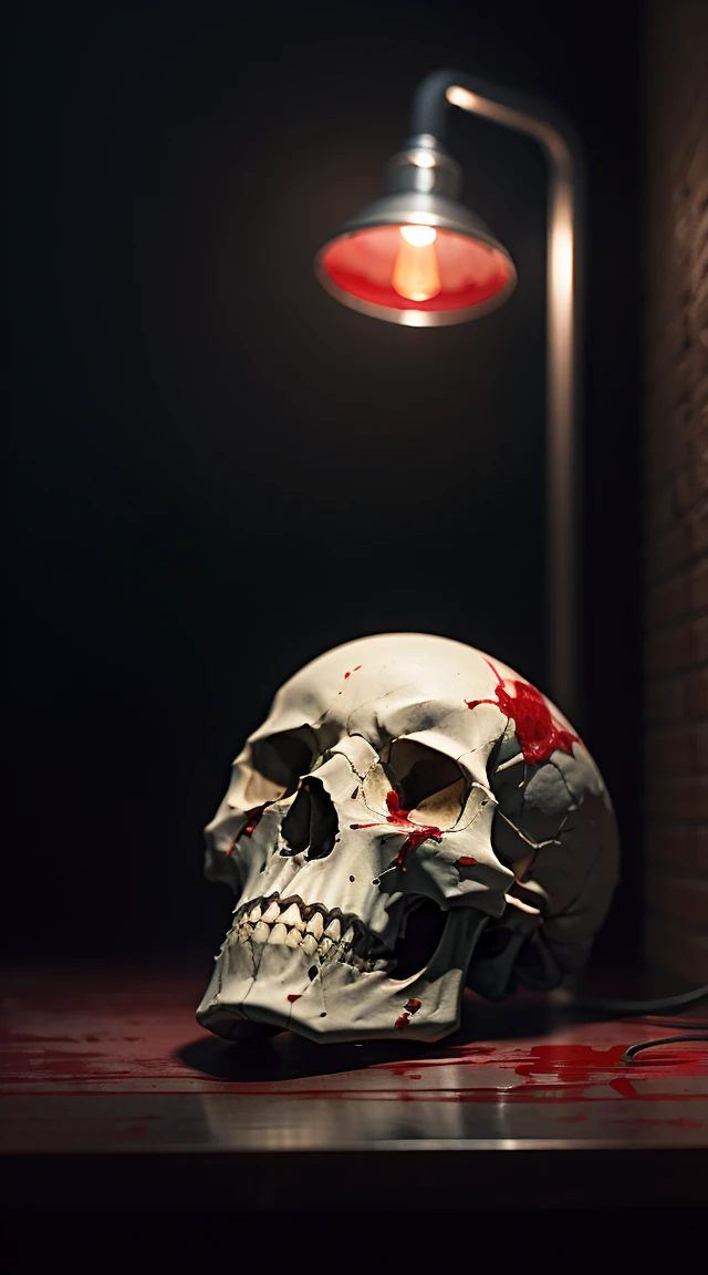 "(Best lighting, dark, dramatic),(Geisha alien skull spitting in red ink, scar,  sexy, brain, Blood, Mouse in the head, terrorism.),(Red eyes, Calaveras). Morning light.