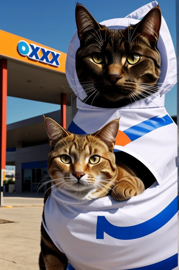 Crea una imagen de un gato con uniforme del oxxo