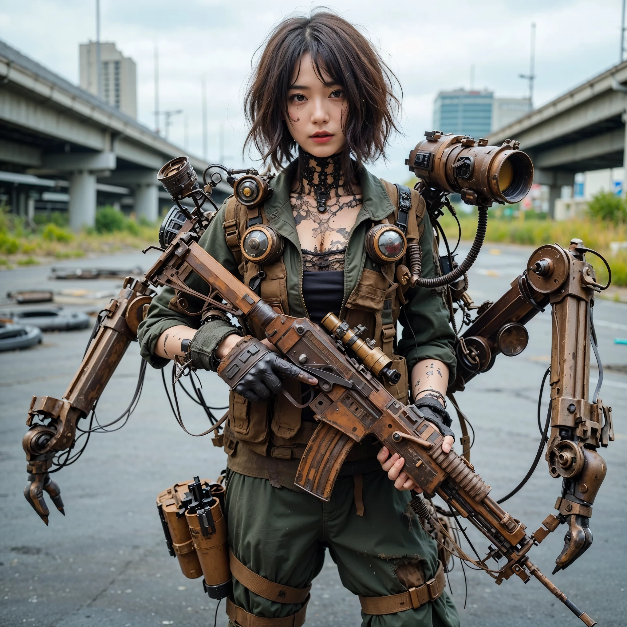 superrealism, ultra high res,8k,(Photorealsitic:1.4), (WWⅡ-like mechanical suit), Collapsed Cities, heavy weapons,vivid textures, beautiful hair, Spaniard female soldier,(ultra beautiful face),legs, ((super realistic all textures)), ((super intricate all details)), full body shot, ultra sharp photo result, beige color, scratch, Rust, weathering, Sweat, move, operational action in progress, steampunk, taken with Fuji film X-T30+Nokton. HDR10,Minimum of 4 pieces created