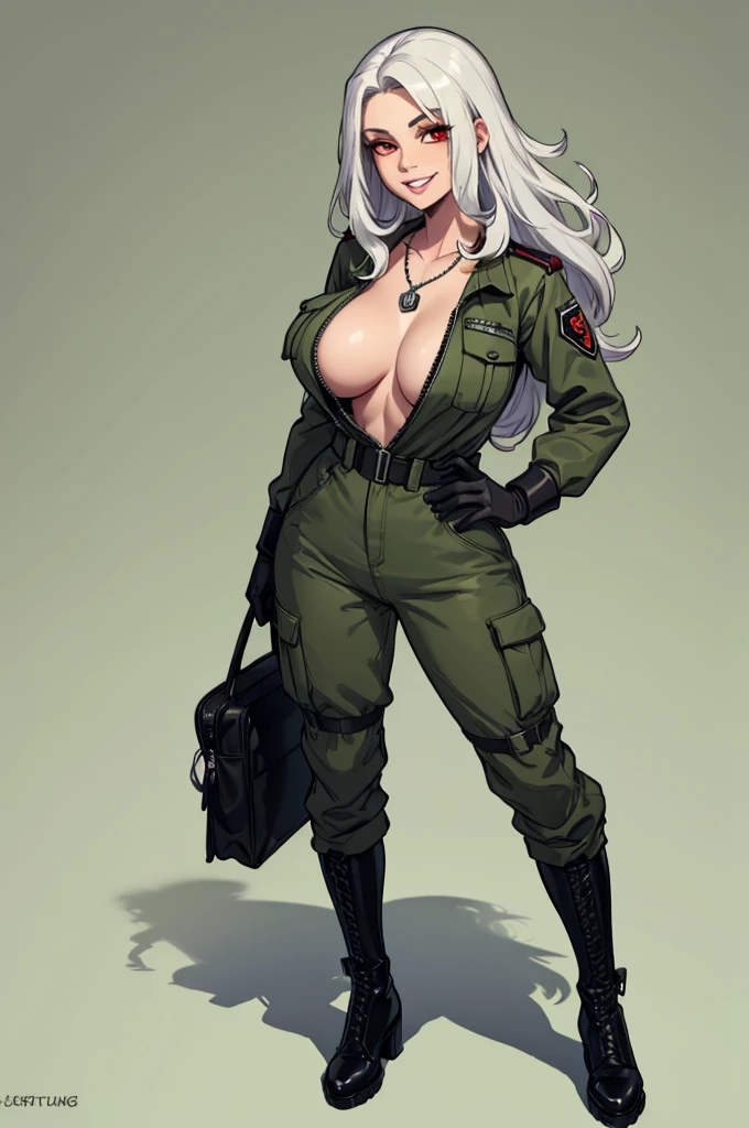 green solid background, 1 woman, best quality, ultra high res, long hair, full lips, white hair, red eyes, military jumpsuit, dog-tag necklace, smiling at viewers, wearing black gloves, wearing black combat boots, double D breast, standing, full body