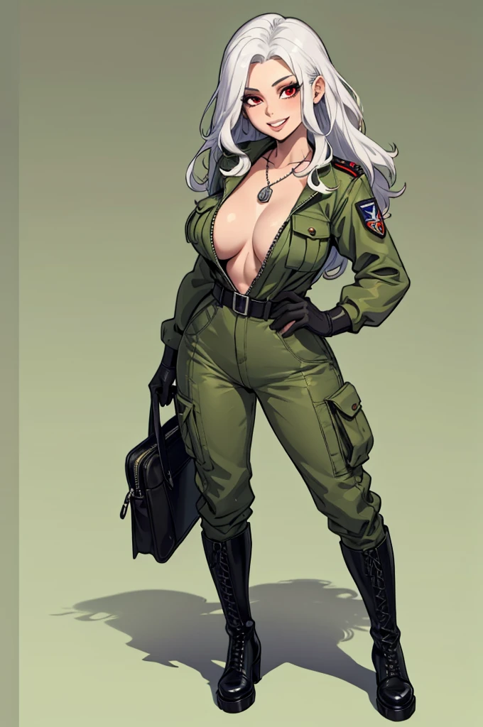 green solid background, 1 woman, best quality, ultra high res, long hair, full lips, white hair, red eyes, military jumpsuit, dog-tag necklace, smiling at viewers, wearing black gloves, wearing black combat boots, double D breast, standing, full body