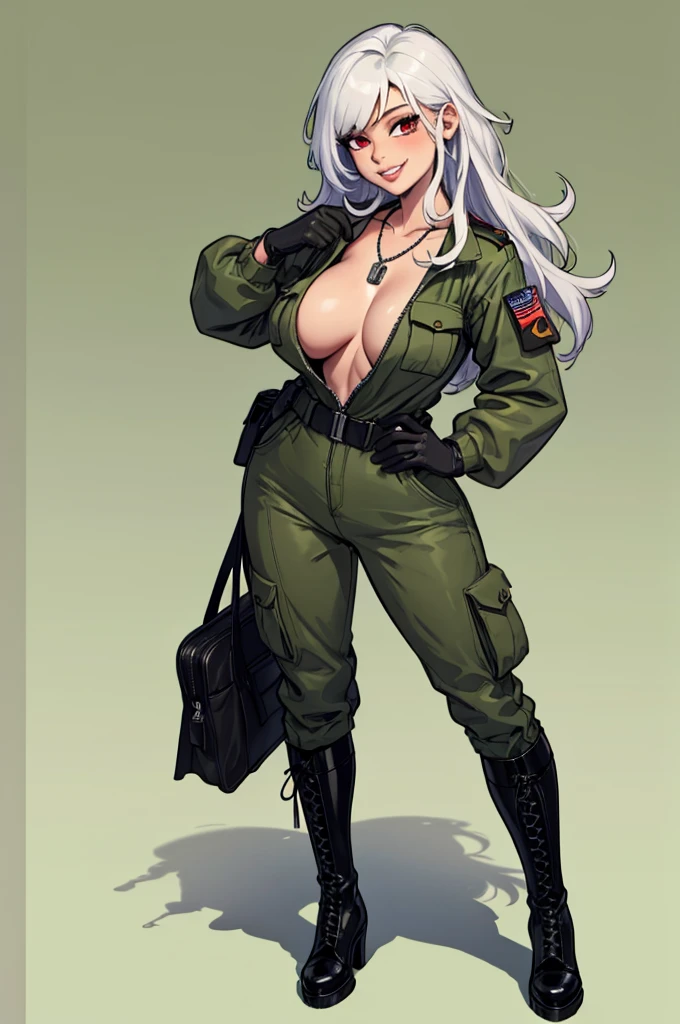 green solid background, 1 woman, best quality, ultra high res, long hair, full lips, white hair, red eyes, military jumpsuit, dog-tag necklace, smiling at viewers, wearing black gloves, wearing black combat boots, double D breast, standing, full body