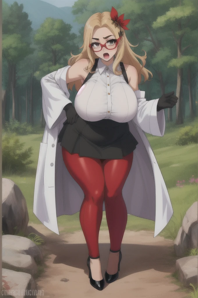 score_9, score_8_superior, sauce_anime, One girl, alone,  cheap, hair ornaments, Red headband, Red glasses, Sleeveless shirt, White coat, Black Skirt, Red leggings, Plump thighs,gloves, High heels, Too big breasts,(Large Breasts:0.8), Are standing, V-shaped eyebrows, Open your mouth, Dirty face, Leaning forward, Happy, forest, Mountain々, View your viewers, Put your hands on your feet,