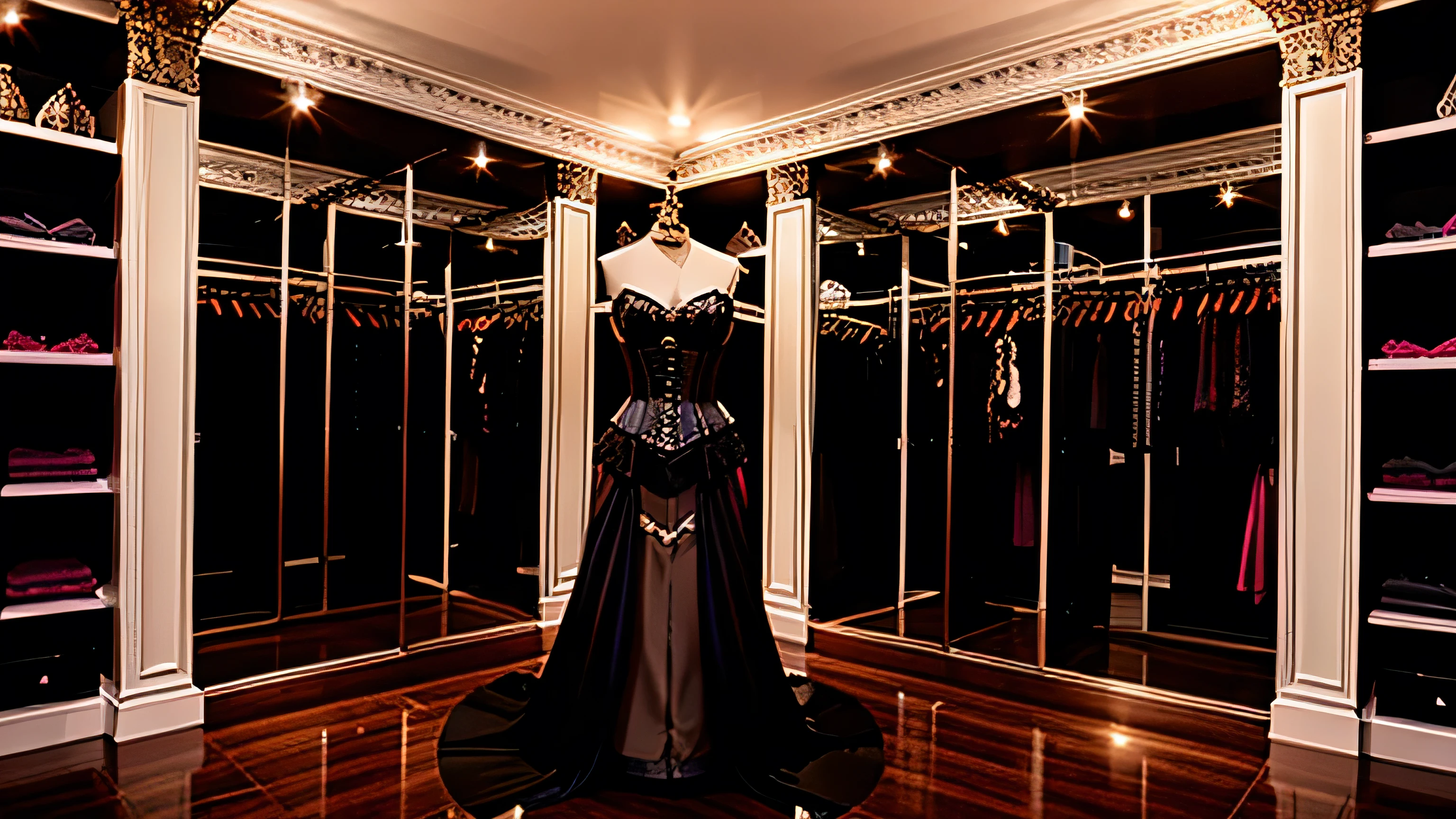 luxury dressing room, gothic, black, corsets, ballgowns, nylon stockings, lingerie, victorian, latex, satin, lace