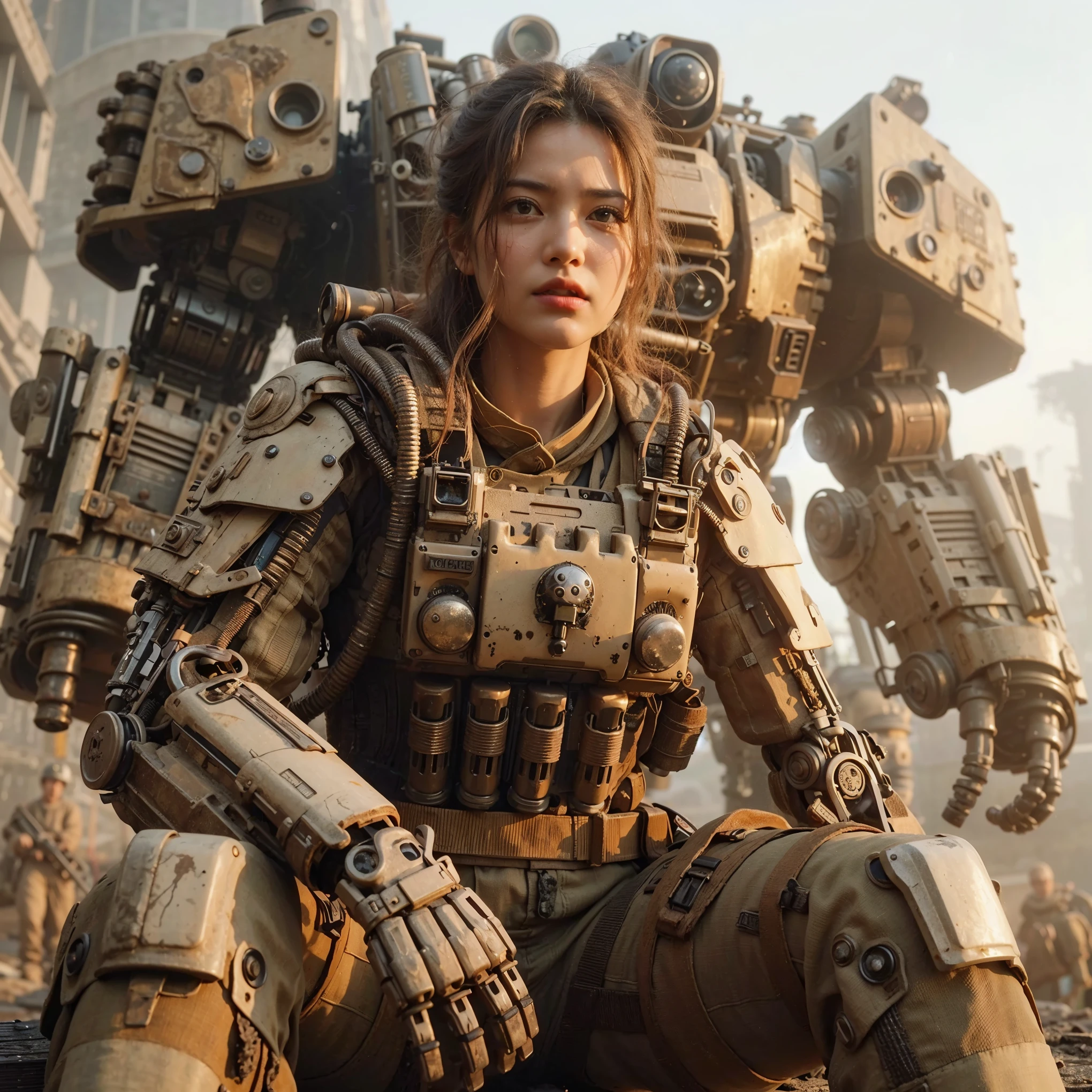 superrealism, ultra high res,8k,(Photorealsitic:1.4), (WWⅡ-like mechanical suit), Collapsed Cities, heavy weapons,vivid textures, beautiful hair, Spaniard female soldier,(ultra beautiful face),legs, ((super realistic all textures)), ((super intricate all details)), full body shot, ultra sharp photo result, beige color, scratch, Rust, weathering, Sweat, move, operational action in progress, steampunk, taken with Fuji film X-T30+Nokton. HDR10,Minimum of 4 pieces created