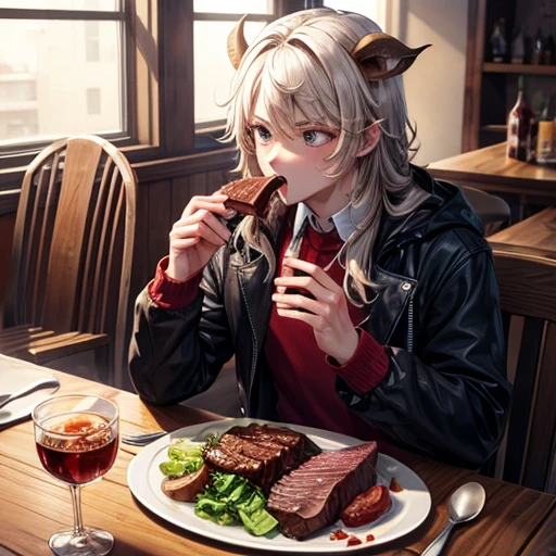 Minotaur youth eating beef