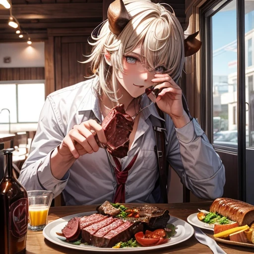 Minotaur youth eating beef