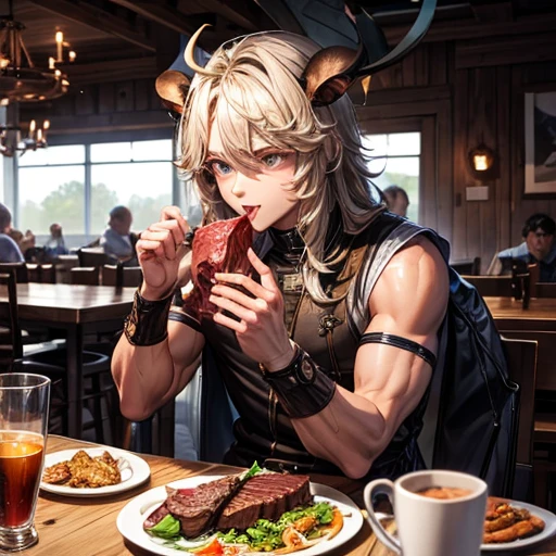Minotaur youth eating beef
