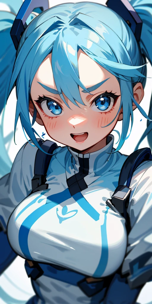 1 girl、one person、blue clothes that clearly show your body shape、blue hair、twintail、beautiful blue eyes、intense joy on the face、I love you、upper body close-up