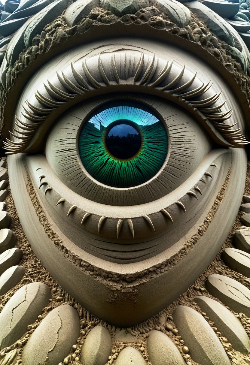 Sand sculpture style, Seven Hundred Eyes Giant:This hundred-eyed giant,Every eye is like a beacon,Lighting up everything around。Eye color varies,Some are as green as emerald green,Some are as golden as amber,Others are as blue as the deep sea。Its body is tall and majestic,Skin covered with thick rock armor,Its gaze is everywhere,Guarding every corner of the world,Let nothing escape its surveillance。,Strong sense of déjà vu。