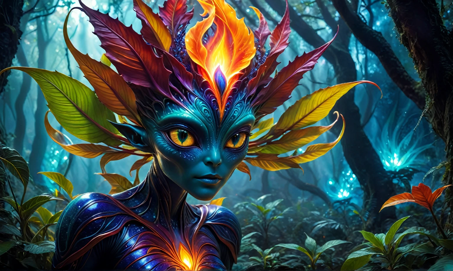 (Best quality at best,4K,A high resolution,tmasterpiece:1.2),ultra - detailed,actual,sportrait,extraterrestial,Fire magic plant,incredible eyes,Fantasy creatures,glowing color,glowing plants,extraterrestial,flaming leaves,surreal scenery,spooky ambiance,otherworldly beauty,etherealglow,unique species,Avatar,mysterious entity,dreamlike scenes,wonderful species,an enchanted forest,otherworldly presence,a captivating gaze,unconventional look,Radiant energy,Powerful aura,Magic Essence,universe exists,Different dimension,mythical plant,Unexplained phenomena,Colorful flowers,Unleash your power,Darkness and light,Hidden secrets,Unravel the mystery,The secrets of the universe,living tmasterpiece,manifestation of magic.