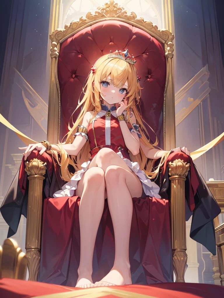 ((tmasterpiece:1.4, Best quality at best))+, (hyper-detailing)+, (exquisite red eye:1.5)+, (Detailed ears:1.5), (cute party dress:1.5),(White stockings:1.5), red shawl, Long hair details,Golden Crown,(White flowers:1.2), pale-skinned, (Yellow cloth:1.5), (gold earring:1.5),(queen:1.1), concert,White statue,decoration of gold,Gold belt,Gold bracelet,Golden scepter,(dawn light:1.2), (closeup cleavage:1.1), the only person, Shiny blonde hair, Gloom (Expressing the), from below, Best quality at best, A high resolution, high detal, high high quality, 16k