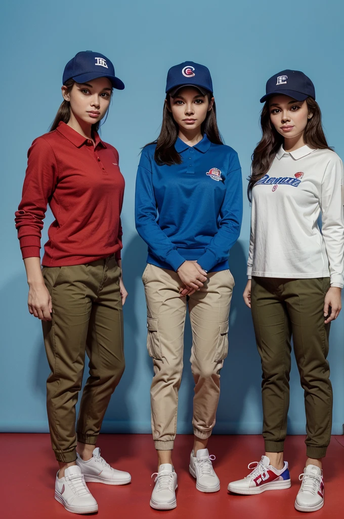 Cartoon character about a team consist of 3 female,
wear a cap,blue collared long sleeve shirt,khaki pants,a pair of sneaker,their arms cross,red background