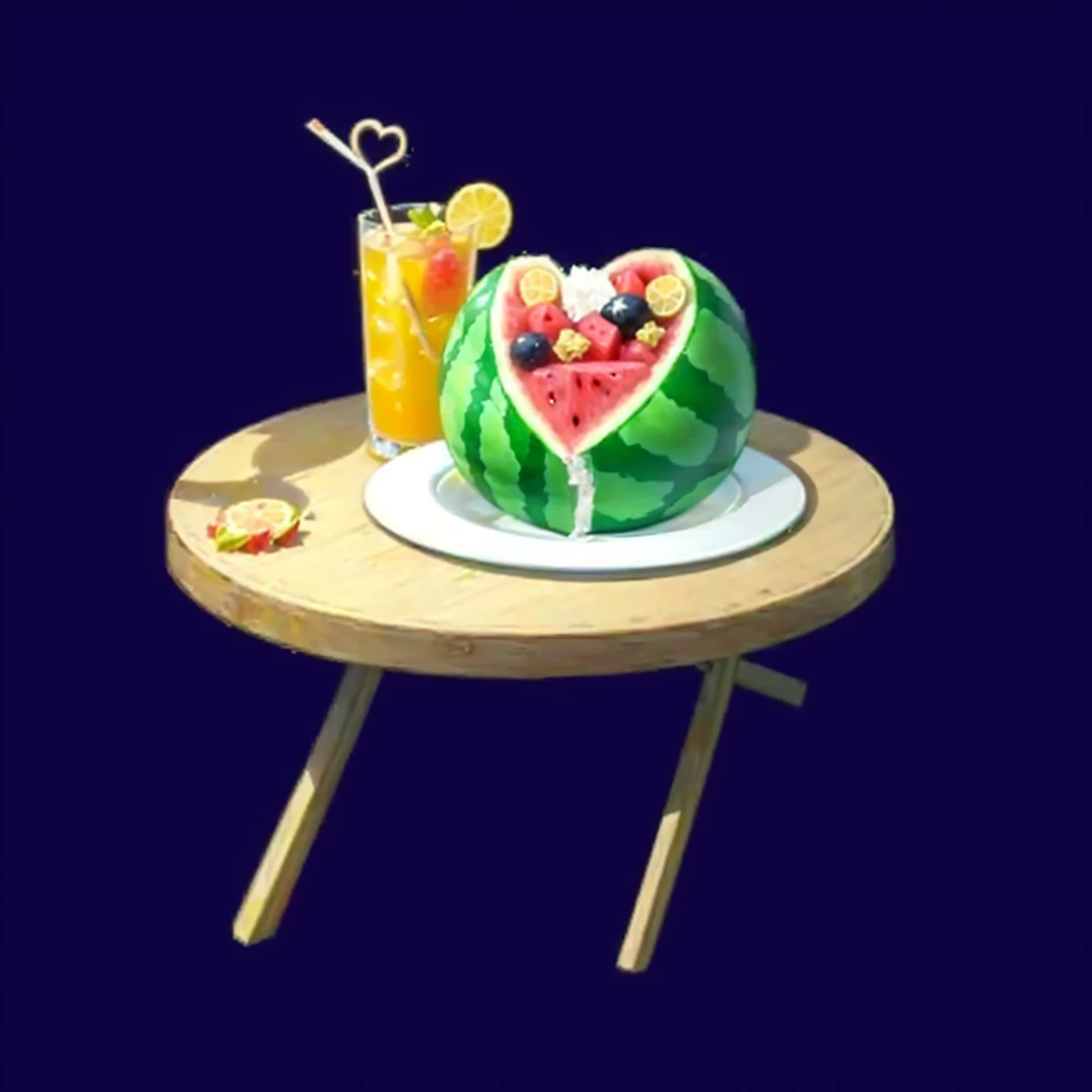 there is a watermelon with a heart shaped piece on it on a table, Anime Food, the table is full of food, on a table, 🐿🍸🍋, ❤🔥🍄🌪, The material is!!! watermelon!!!, a table full of candy, 2 0 1 2 watermelon diner, table, dinner table, Object Art, Uranus' lunchtime