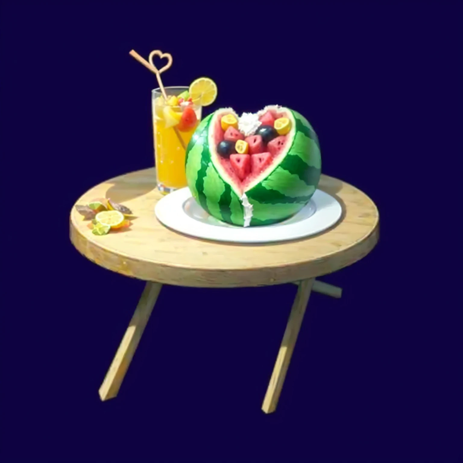 there is a watermelon with a heart shaped piece on it on a table, Anime Food, the table is full of food, on a table, 🐿🍸🍋, ❤🔥🍄🌪, The material is!!! watermelon!!!, a table full of candy, 2 0 1 2 watermelon diner, table, dinner table, Object Art, Uranus' lunchtime