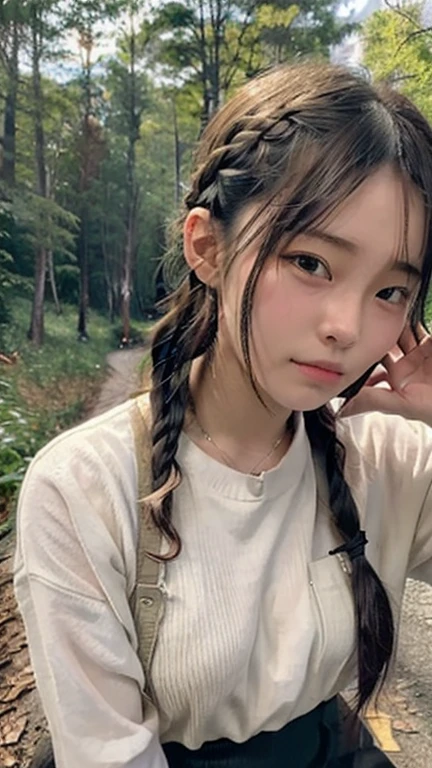 Girl with braided hair,、Peeing on a dark forest road, I can't stand it anymore, Horny Face, Facing the Pain of Endurance, close your eyes